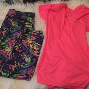 Multi color leggings and pink neon top